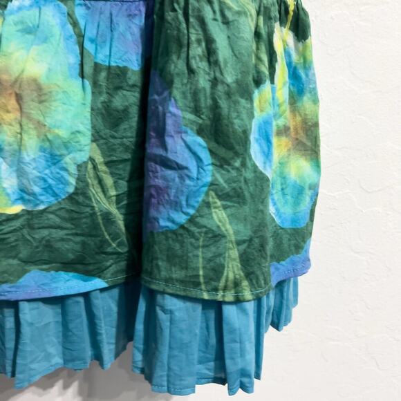 Piazza Sempione Skirt Sz 44 Large Blue Green Floral Ruffle Knee Y2K Cotton ZIp - Picture 2 of 8